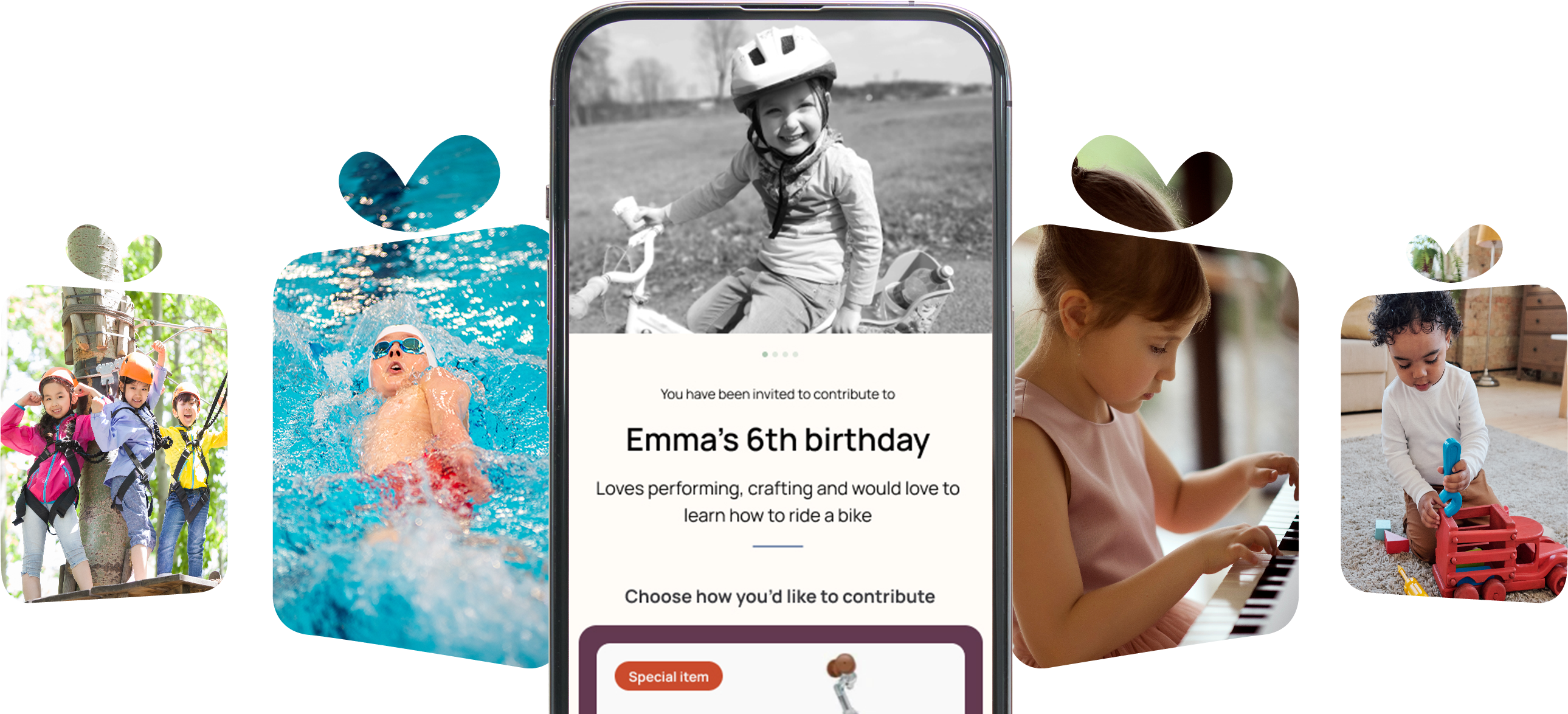 A Gift Ripple invitation on a phone, surrounded by photos of children playing