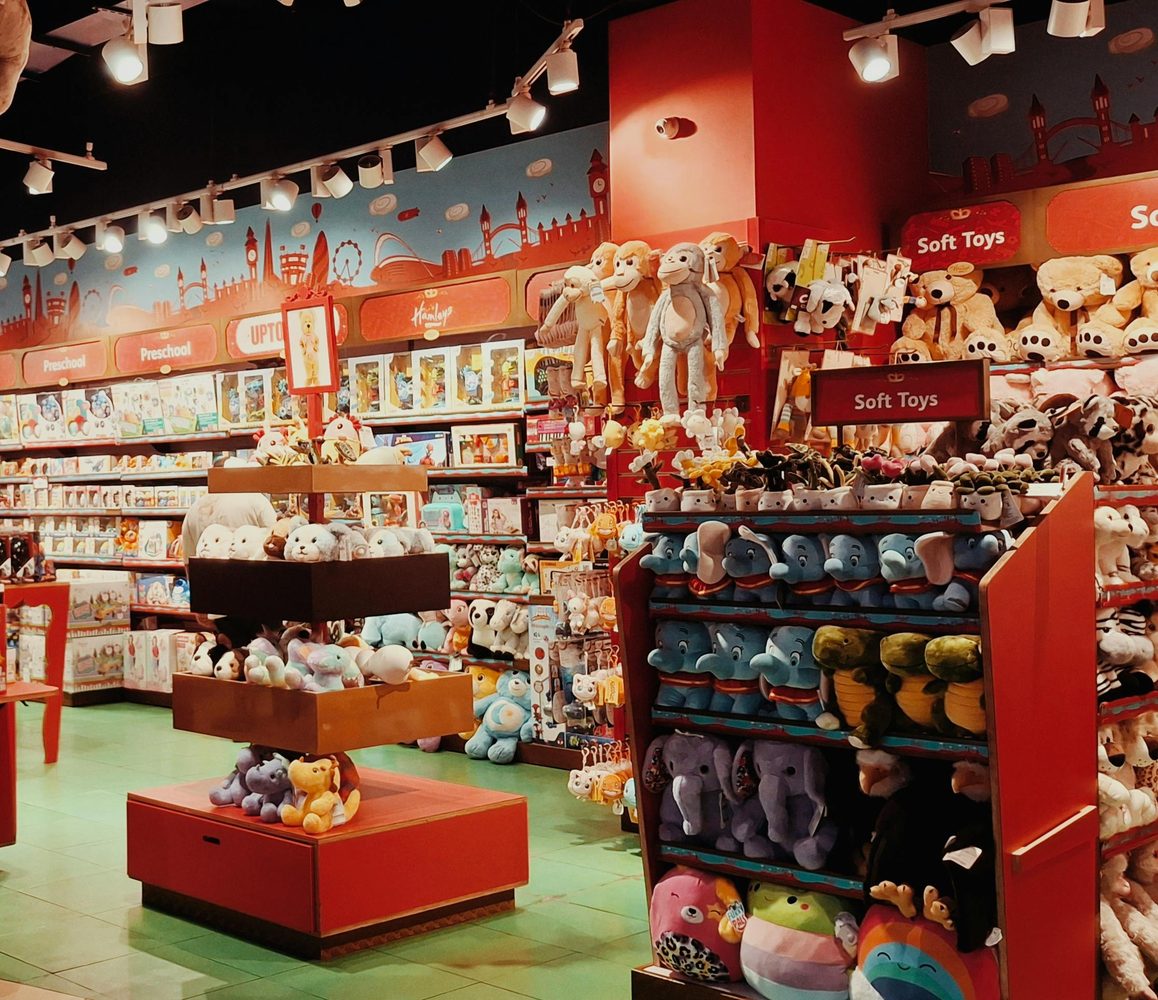 A busy toy shop packed with soft toys